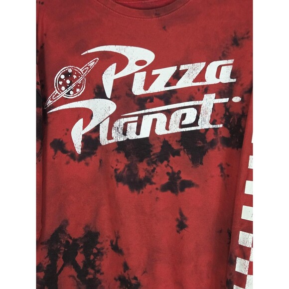 Disney Pizza Planet Sweatshirt Mens L Red Black Tie Dye Toy Story Thrashed - Picture 2 of 7